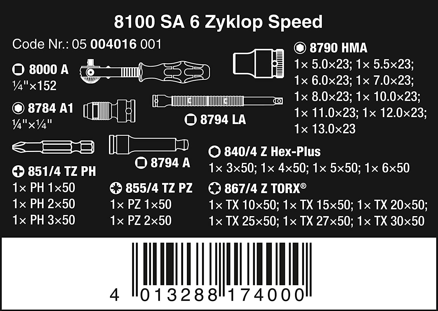 secretgreen.com.au, 05004016001 8100 SA 6 Zyklop Metric Speed Ratchet Set, 28 Piece, 1/4" Drive