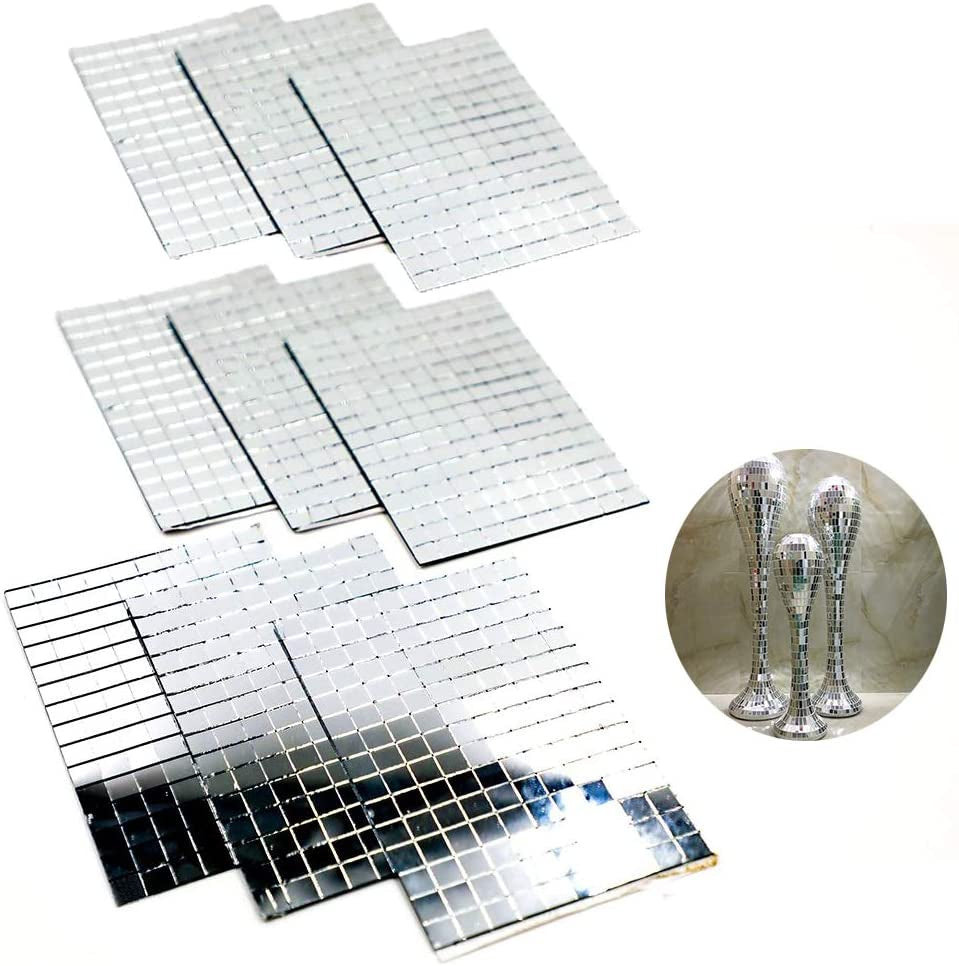 Auto-plaza, 1 X 1 Cm X 1300 Pcs, 9 Sheets Glass Mosaic Tiles Bulk Square Mirror Tiles Self-Adhesive Real Glass Craft Mini Square & Round