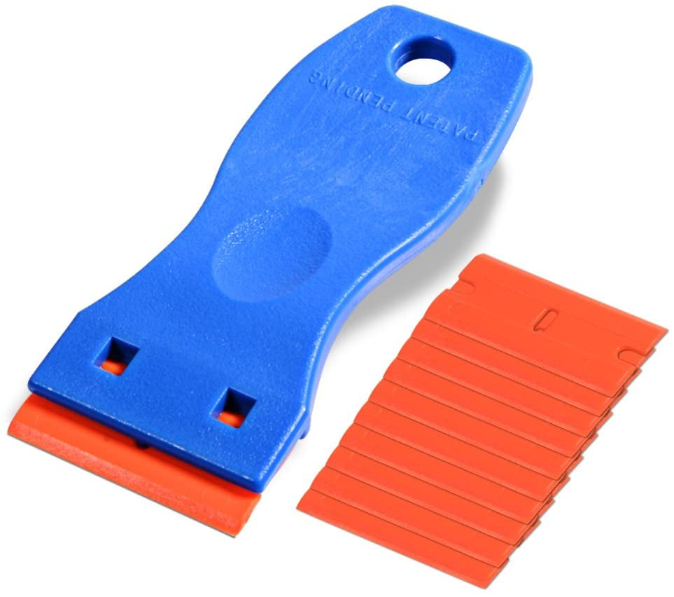 secretgreen.com.au, 1.5" Plastic Razor Scraper with 10Pcs Double Edged Plastic Blades for Removing Labels Stickers Decals on Glass Windows (Blue)