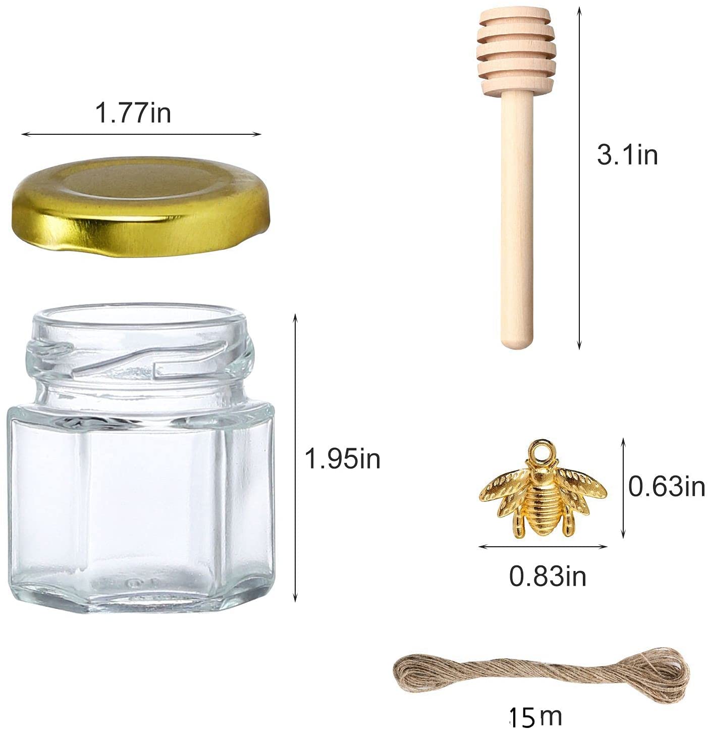 XING-RUIYANG, 1.5 oz Hexagon Mini Glass Honey Jars -30Pack Honey Jars with Wood Dipper, Gold Lid, Bee Pendants, Jutes - Perfect for Baby Shower, Wedding Favors, Party Favors