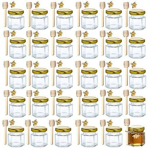 XING-RUIYANG, 1.5 oz Hexagon Mini Glass Honey Jars -30Pack Honey Jars with Wood Dipper, Gold Lid, Bee Pendants, Jutes - Perfect for Baby Shower, Wedding Favors, Party Favors