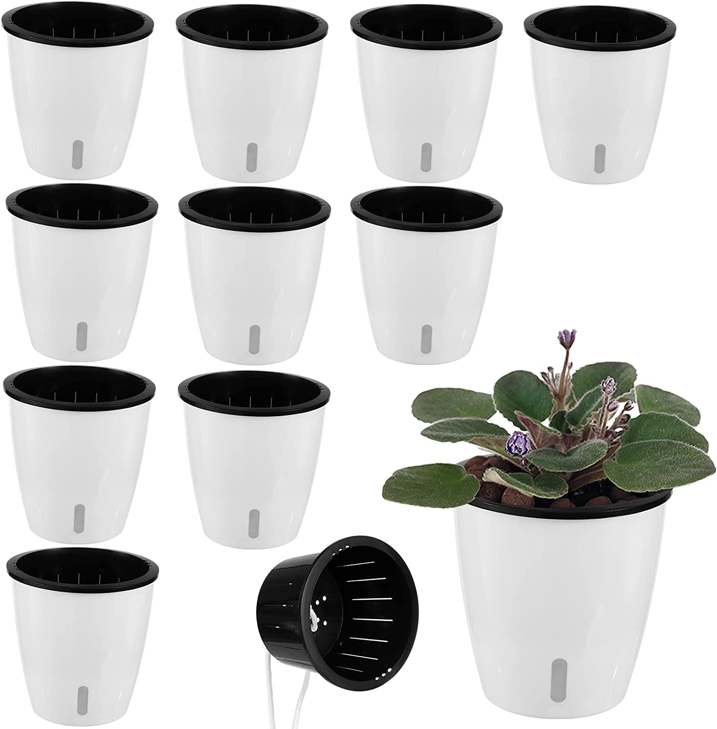 Planterhoma, 10 Pack 5 Inch Self Watering Pots for Indoor Plants with Water Indicator,Small African Violet Pots for Plants,Self-Watering Planters White for Devil'S Ivy,Spider Plant,Orchid for Office Home Décor.