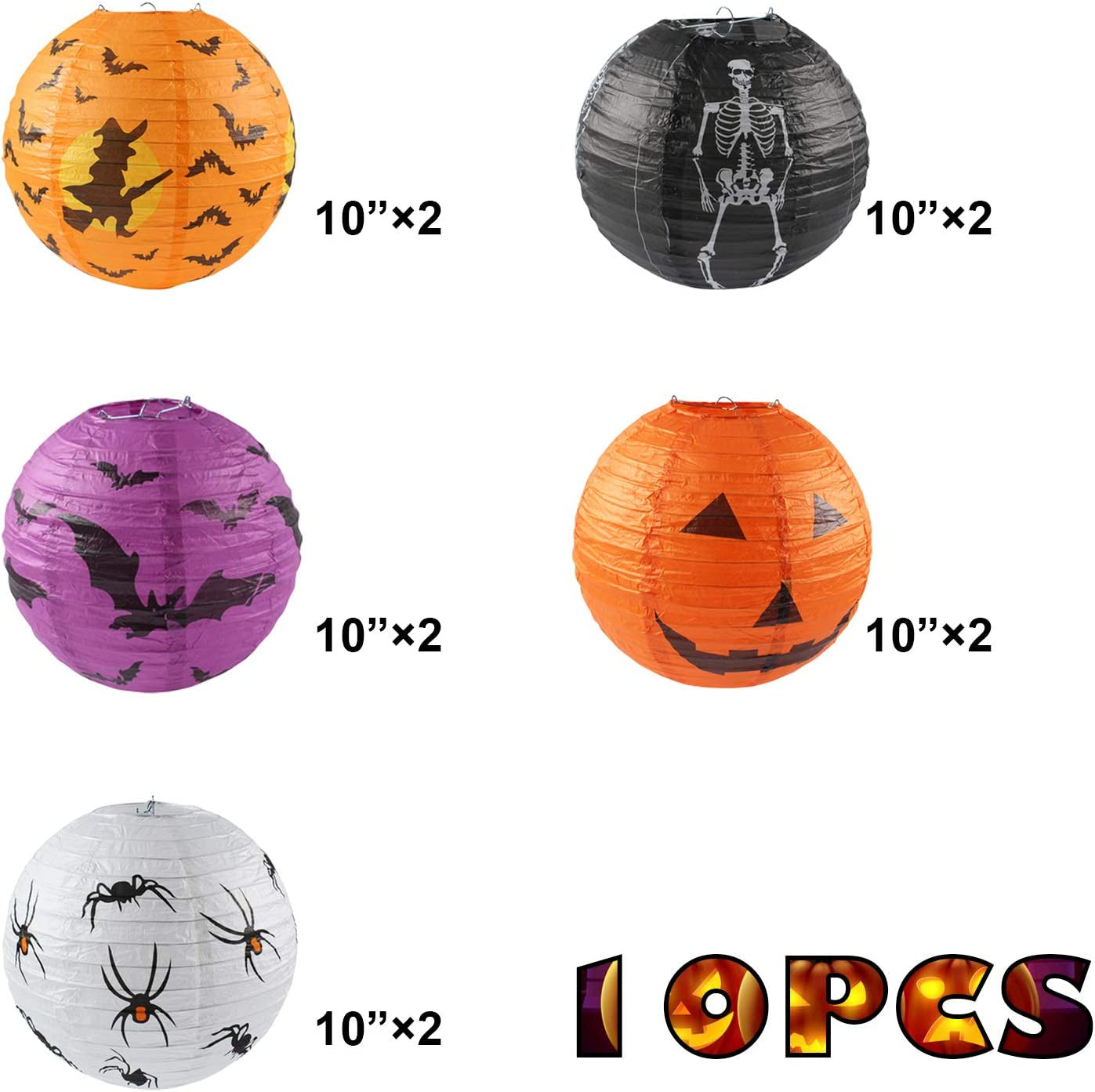 LURICO, 10PCS Halloween Paper Lanterns, Hanging Jack-O'-Lantern Spider Skeleton Pumpkin for Halloween Party Decor, Indoor & Outdoor Spooky Home Decor - 10 Inches