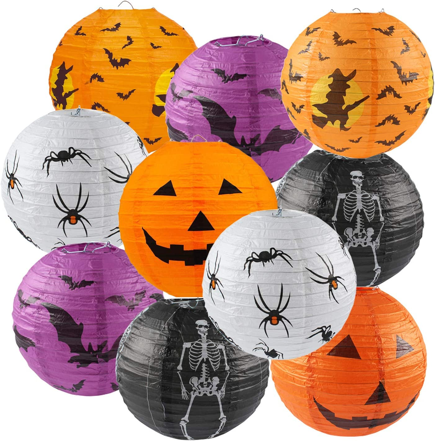 LURICO, 10PCS Halloween Paper Lanterns, Hanging Jack-O'-Lantern Spider Skeleton Pumpkin for Halloween Party Decor, Indoor & Outdoor Spooky Home Decor - 10 Inches