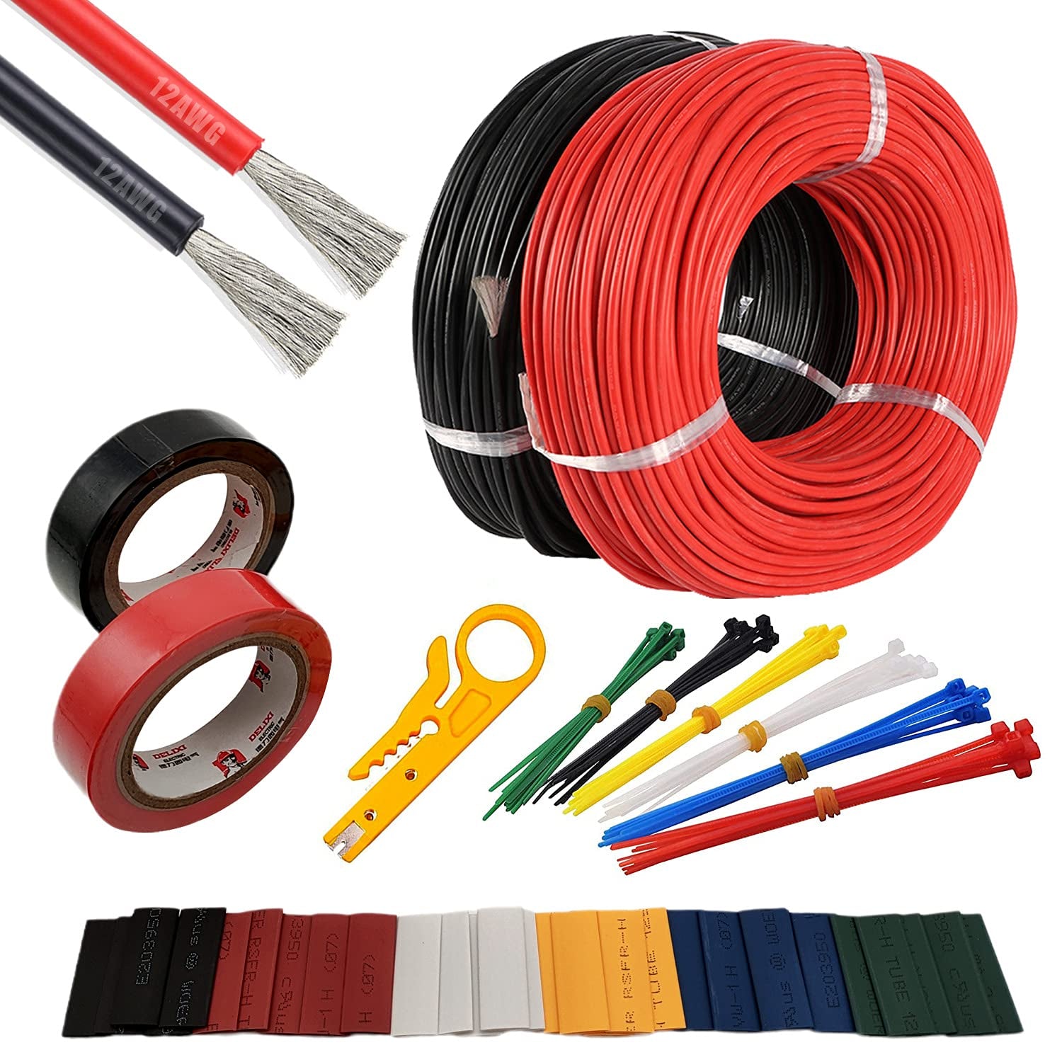 Benmiuko, 12Awg Gauge Power Wire Cable Wiring Silicon Wire Flexible Easy to Work Tin-Plated Copper Wire Heat and Cold Resistant 10Ft Black and 10Ft Red Included Tool Kit