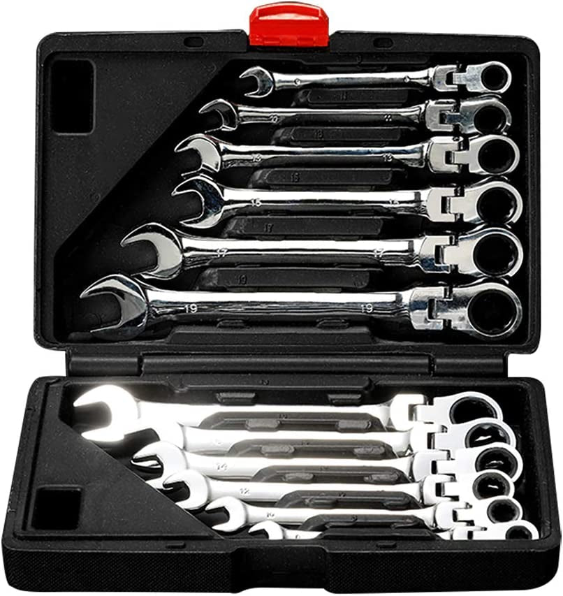 FLZOSPER, 12Pc. Tightspot Flex-Head Ratcheting Wrench Set，8-19Mm Metric CR-V Quick Access Spanner with Portable Toolbox (12PC. Flex Head Wrench)