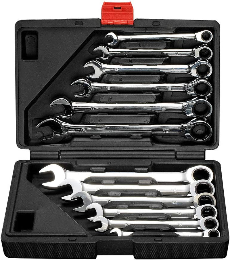 FLZOSPER, 12Pc. Tightspot Flex-Head Ratcheting Wrench Set，8-19Mm Metric CR-V Quick Access Spanner with Portable Toolbox (12PC. Ratchet Wrench)