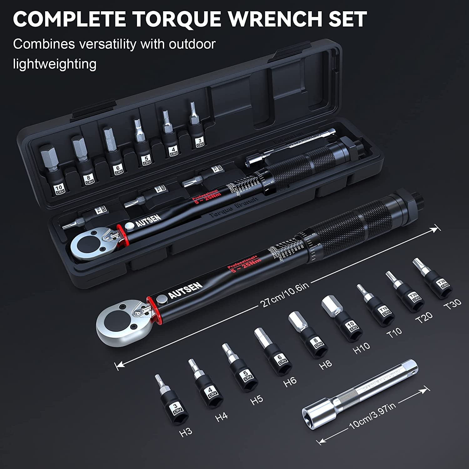 secretgreen.com.au, 1/4 Inch Drive Click Torque Wrench 5 - 25 Nm 11 Piece Set Black