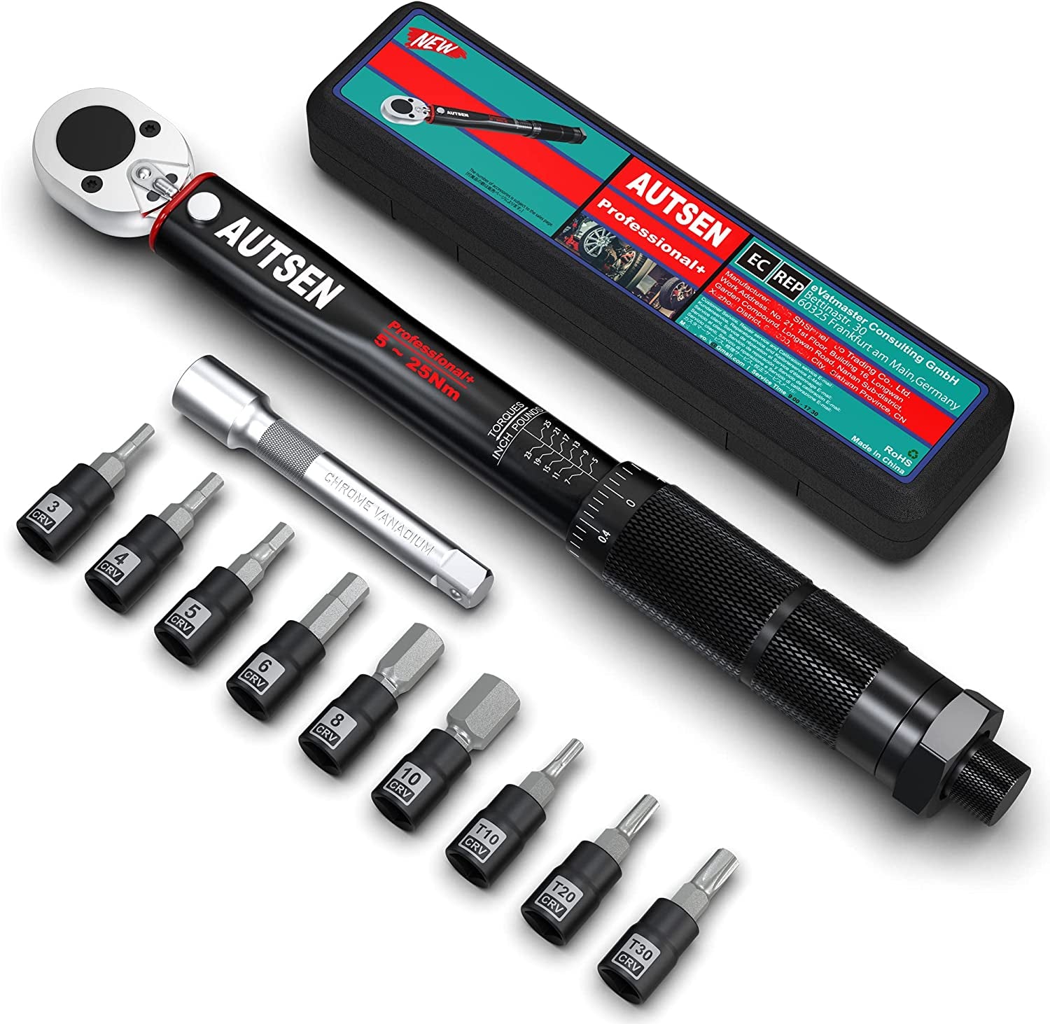 secretgreen.com.au, 1/4 Inch Drive Click Torque Wrench 5 - 25 Nm 11 Piece Set Black