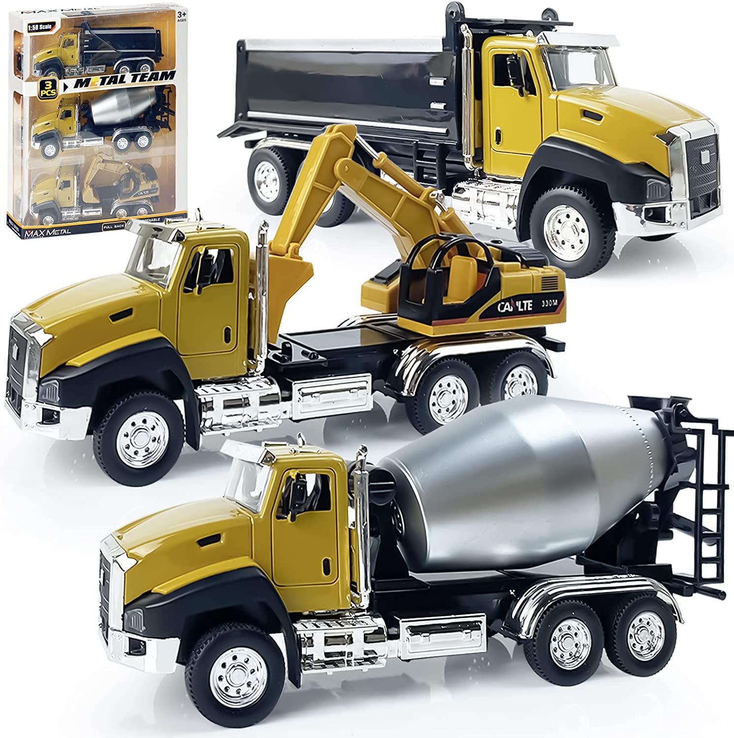 Seyaom, 1/50 Scale Metal Model Cars, 3 Pack of Engineering Construction Vehicles, Dump Truck, Digger, Mixer Truck, Pull Back Car Toys with Opening Doors for Boys and Girls (Construction Vehicles)