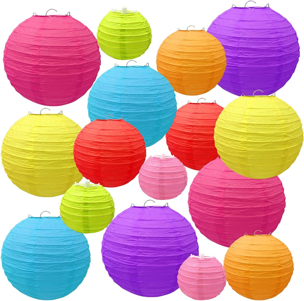 Hossom, 16 PCS Paper Lanterns, Colorful Paper Lantern (Multicolor, Size of 4”, 6”, 8”, 10”), Colorful Chinese round Lantern for Weddings, Baby Shower, Parties, Celebrations, Patios Decor