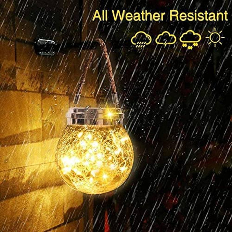 Boho Lights, [2 Pack] Solar Lights Crackle Glass Ball, with Warm White String Lights Hanging Solar Lantern Outdoor Waterproof Patio Decor Solar Garden Lanterns Decorative Lighting Solar Powered for Deck Yard Xmas