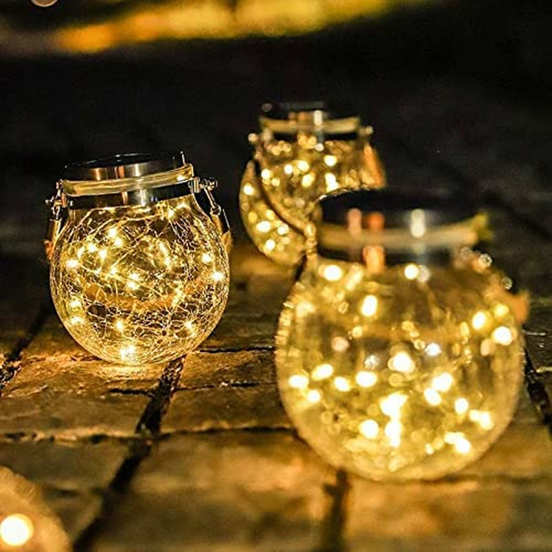 Boho Lights, [2 Pack] Solar Lights Crackle Glass Ball, with Warm White String Lights Hanging Solar Lantern Outdoor Waterproof Patio Decor Solar Garden Lanterns Decorative Lighting Solar Powered for Deck Yard Xmas