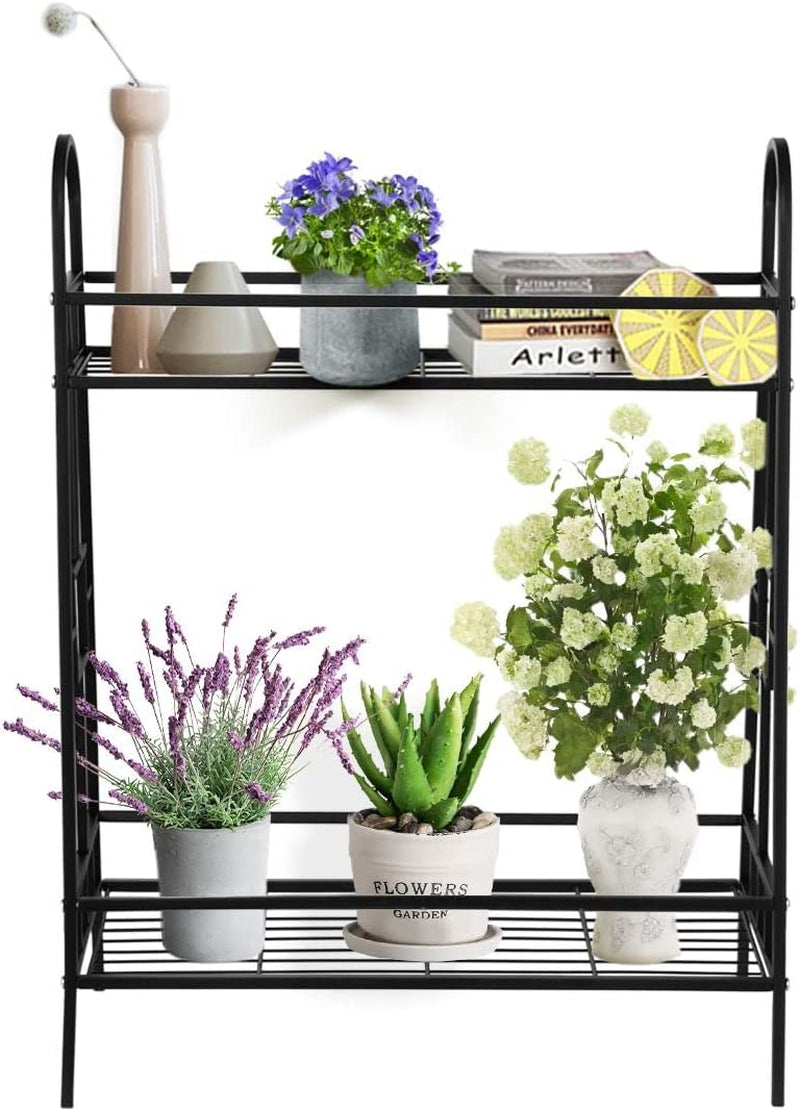 AUSWAY, 2-Tiers Plant Stand Flower Pot Metal Rack Planter Garden Corner Display Shelf Indoor Outdoor,Black