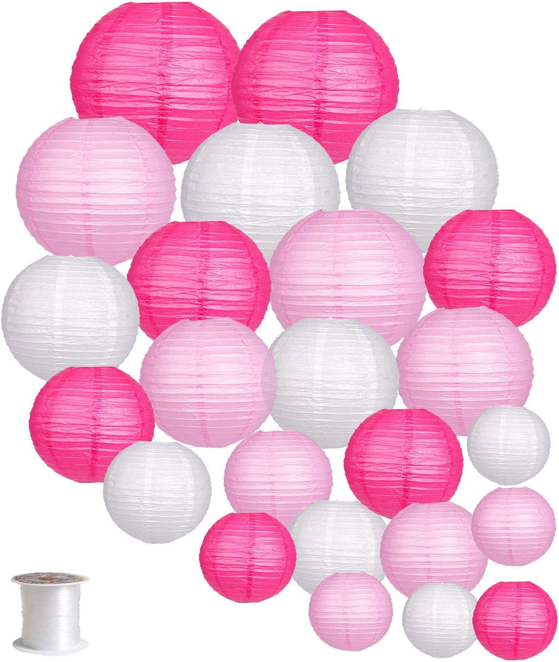 zilue, 24Pcs round Paper Lanterns for Wedding Birthday Party Baby Showers Decoration Pink/White