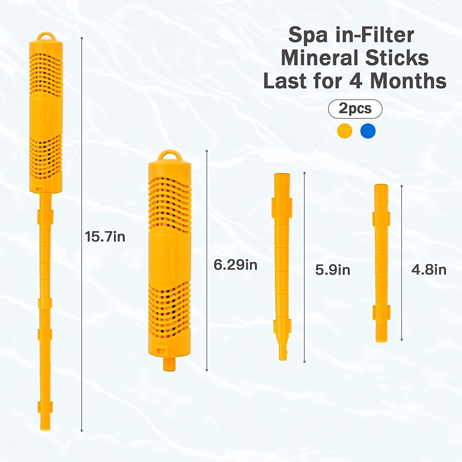 Akamino, Akamino 2 Pack Spa In-Filter Mineral Sticks for Hot Tub Filter Cartridge Spa Swimming Pool Fish Pond, 4 Months Lifetime (Blue & Yellow)